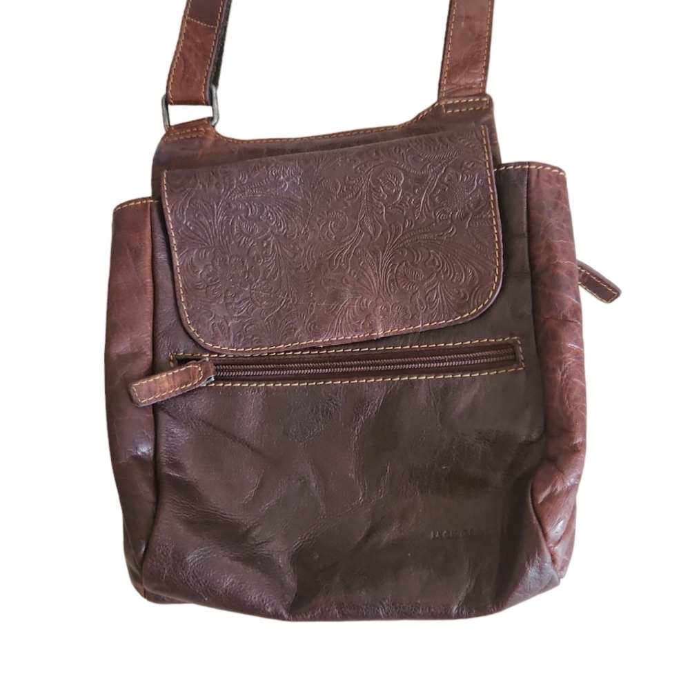 Jack Georges Voyager Leather Crossbody Brown Boho Cottage Embossed Floral BAG
